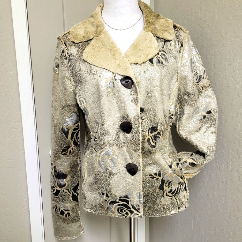 True Grit Dry Goods Distressed Metallic Rose Floral Shearling Jacket Western